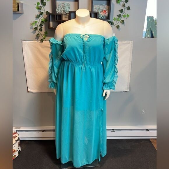 Cupshe Sexy Boho Off shoulder Beach Style ruffles split Turquoise L RefCPS086 - Picture 5 of 13